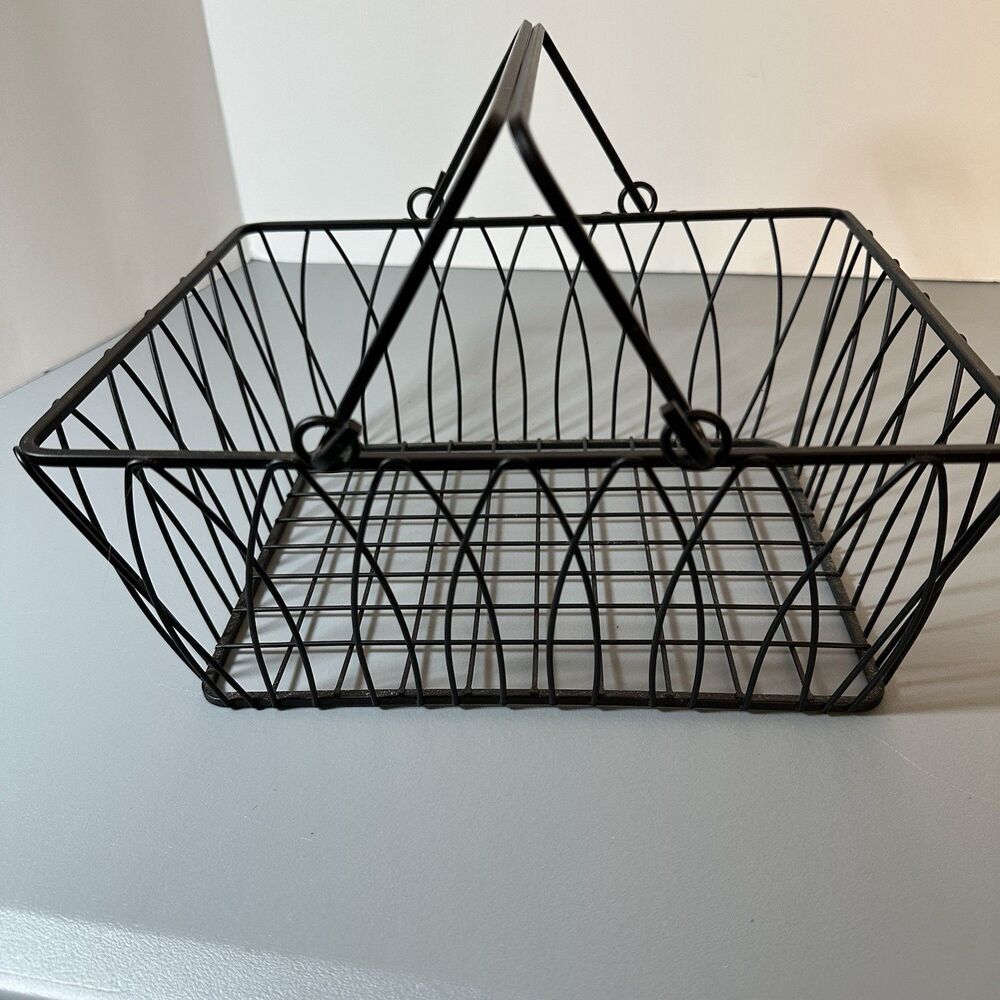 Black Wrought Iron Rectangle Storage Basket Open Design Handles 5.25” x 11” x 10